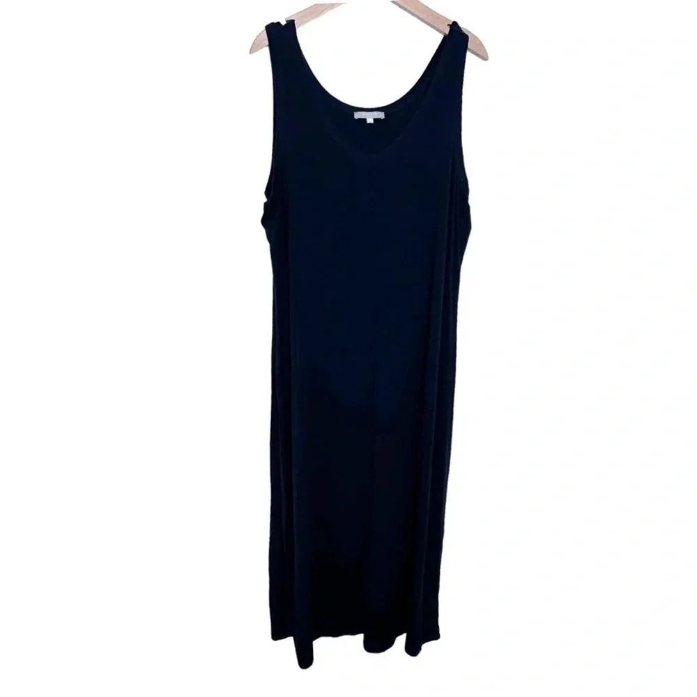 Joan Vass Maxi Dress XL Navy Blue Sleeveless V-Neck Stretch Tank Sheath